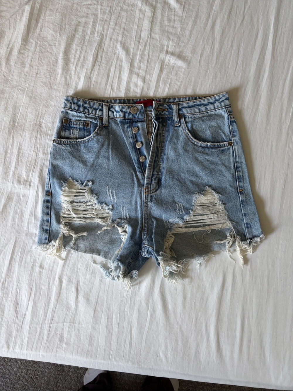 Light Blue Distressed High-Rise Denim Shorts